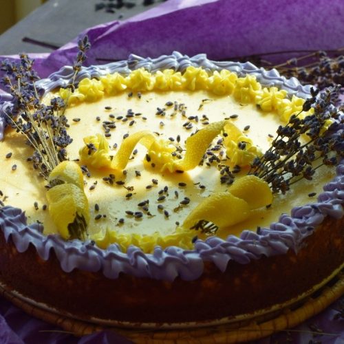 Lemon Lavender Cheesecake with Chocolate Chip Cookie Crust